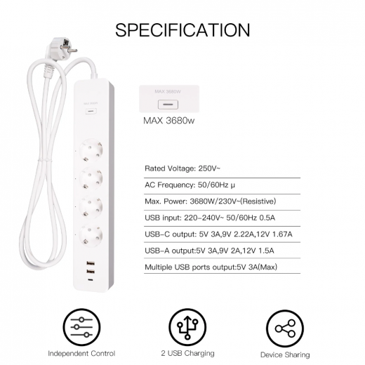 Moes Smart Power Strip EU +2USB+1type-c