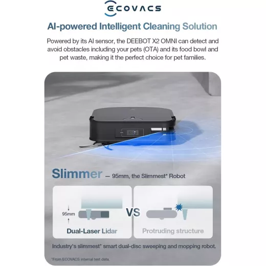 مكنسة وممسحة روبوت ECOVACS DEEBOT X2 Omni، شفط 8000 باسكال، رفع 15 مم، محطة أومني مع غسيل ممسحة الماء الساخن، تفريغ ذاتي، تجفيف الهواء الساخن، إعادة التعبئة التلقائية، تجنب العوائق، أسود