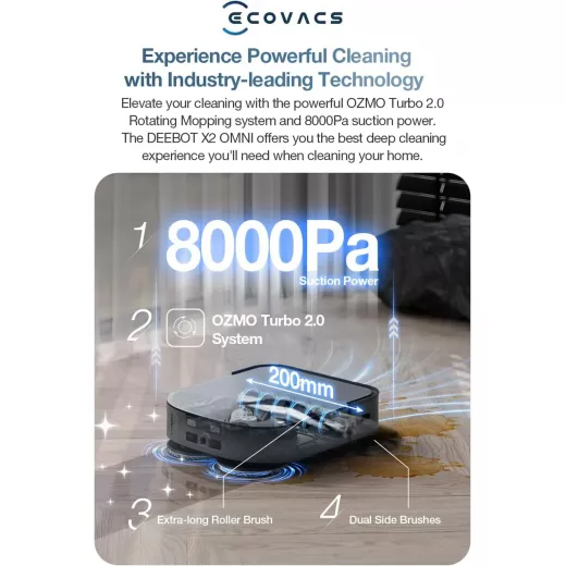 مكنسة وممسحة روبوت ECOVACS DEEBOT X2 Omni، شفط 8000 باسكال، رفع 15 مم، محطة أومني مع غسيل ممسحة الماء الساخن، تفريغ ذاتي، تجفيف الهواء الساخن، إعادة التعبئة التلقائية، تجنب العوائق، أسود