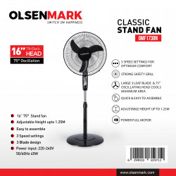 Olsenmark OMF1793 16 inch Classic Stand Fan - 3 Speed 6 Leaf Blade with Remote Control