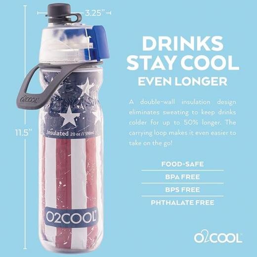 زجاجة ماء O2COOL Mist 'N Sip مع وظيفة الرذاذ والشرب 2 في 1، مزودة بفتحة سحب علوية بدون تسرب، زجاجة ماء رياضية قابلة لإعادة الاستخدام - 20 أونصة (باتريوت)