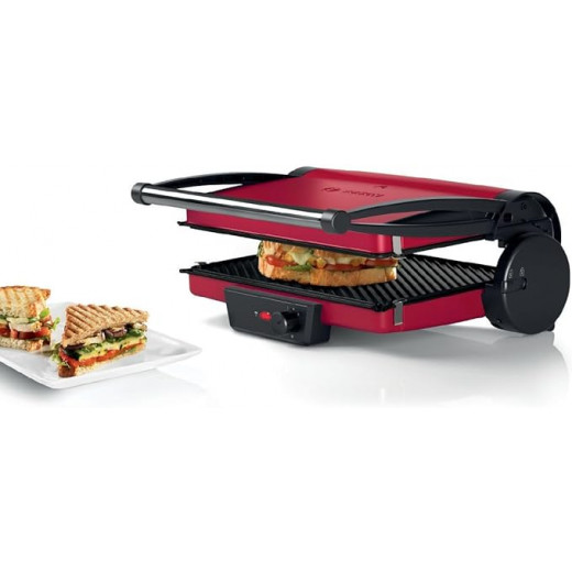 Bosch TCG4104 Table Grill, 3-in-1 Contact Grill, Continuous Thermostat, Grease Drain Channel, Removable Aluminium Grill Plates, Easy Cleaning, 2000 W, Red