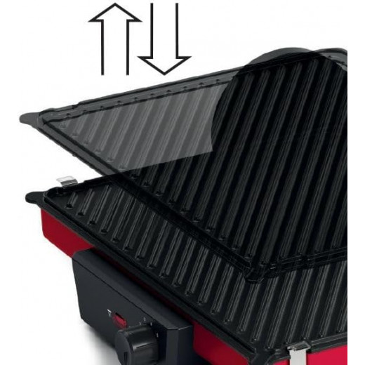 Bosch TCG4104 Table Grill, 3-in-1 Contact Grill, Continuous Thermostat, Grease Drain Channel, Removable Aluminium Grill Plates, Easy Cleaning, 2000 W, Red