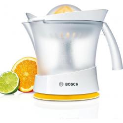 Bosch VitaPress  citrus juicer, universal press cone for small and large fruits, pulp control, high juice yield, 0.8 l juice container, dishwasher-safe, 25 W, white/yellow