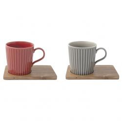 Set of Two 380ml Porcelain Mugs with Acacia Saucers in Red and Gray Gift Box