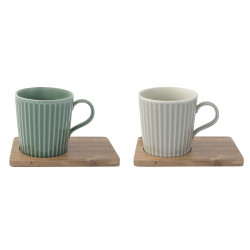 Set of Two 380ml Porcelain Mugs with Acacia Saucers in Green and White Gift Box