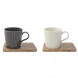 Easy Life Set of Two 380ml Porcelain Mugs with Acacia Saucers in Black and White Gift Box