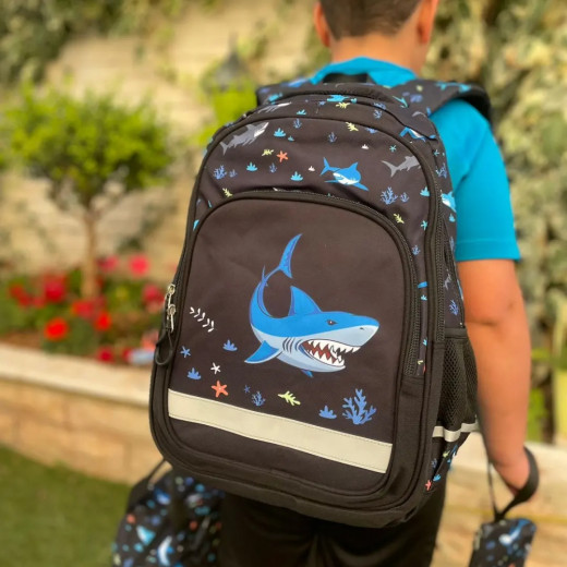 Boys School Backpack with Lunch Bag & Pencil Case Shark Design