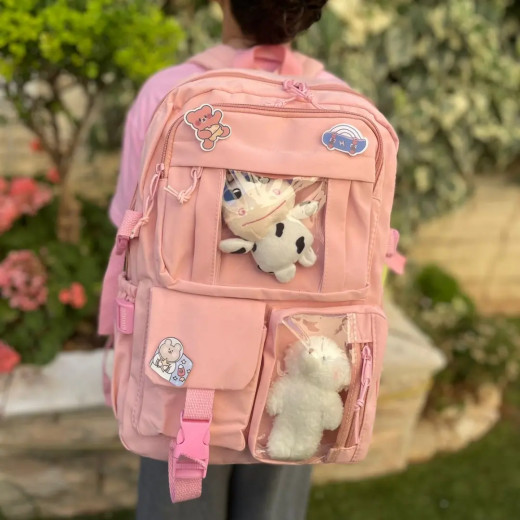 Students Kid Children School Backbag With Pins And Bear Badge, Pink Color