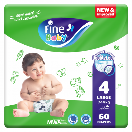 Fine Baby Diapers, Size 4, Large 7-14kg, Double Lock, 60 Diapers