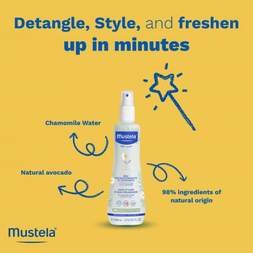 Mustela Baby Hair Styler & Skin Freshener - with Natural Avocado & Chamomile Water - Vegan, Hypoallergenic - 200ml