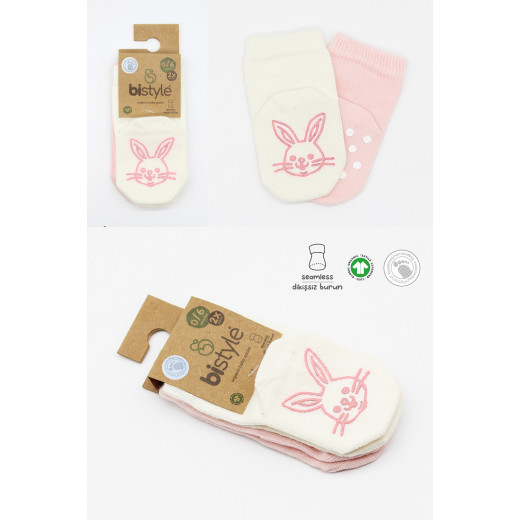 Bistyle Organic 2-Pairs Combed Non-slip Socks (0-6 m) Pink