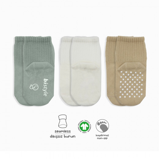 Bistyle Organic 3-Pairs Basic Non-slip Socks (6-12 m) (Green, Brown, Beige)