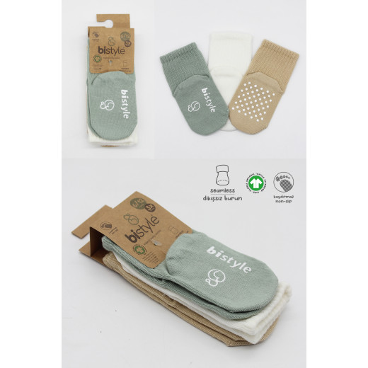 Bistyle Organic 3-Pairs Basic Non-slip Socks (12-24 m) (Green, Brown, Beige)