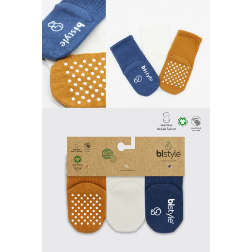 Bistyle Organic 3-Pairs Basic Non-slip Socks (0-3 m) (Blue, Orange, Beige)