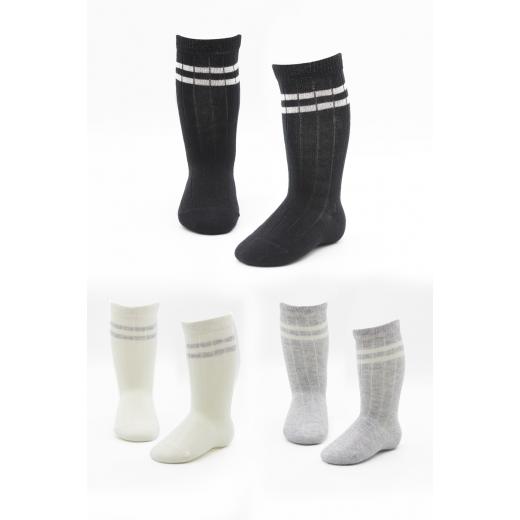 Bistyle 3-Pairs Knee Socks (0-6 m) lines (Black, Grey, Beige)