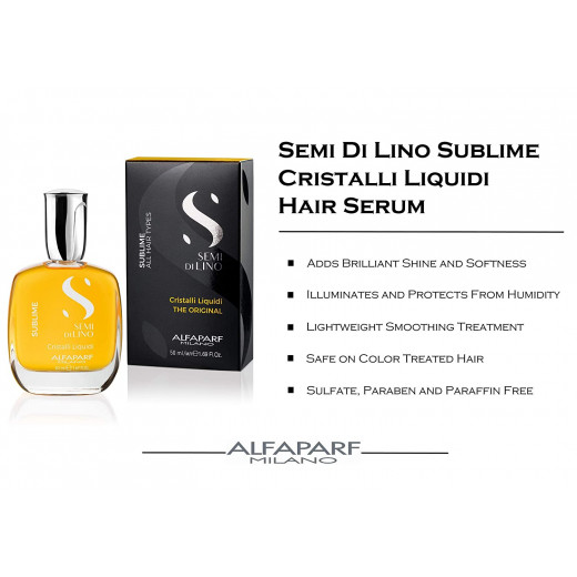 Alfaparf Milano Semi di Lino Sublime Cristalli Liquidi Hair Oil with Thermal Protection - Superior Hair Finishing Smoothing Serum Treatment - Brilliant Shine - Vegan Formula 50ml