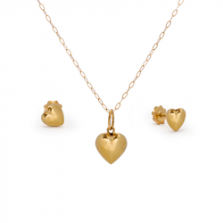 simple heart shaped gold set of stud earrings and pendent with chain