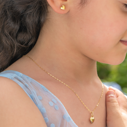 simple heart shaped gold set of stud earrings and pendent with chain