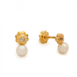 pearl and flower gold stud earrings with cubic zircon